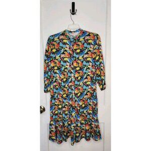 Size Large Briton Court Button Dress Bird Floral Print Bright Colorful Fun